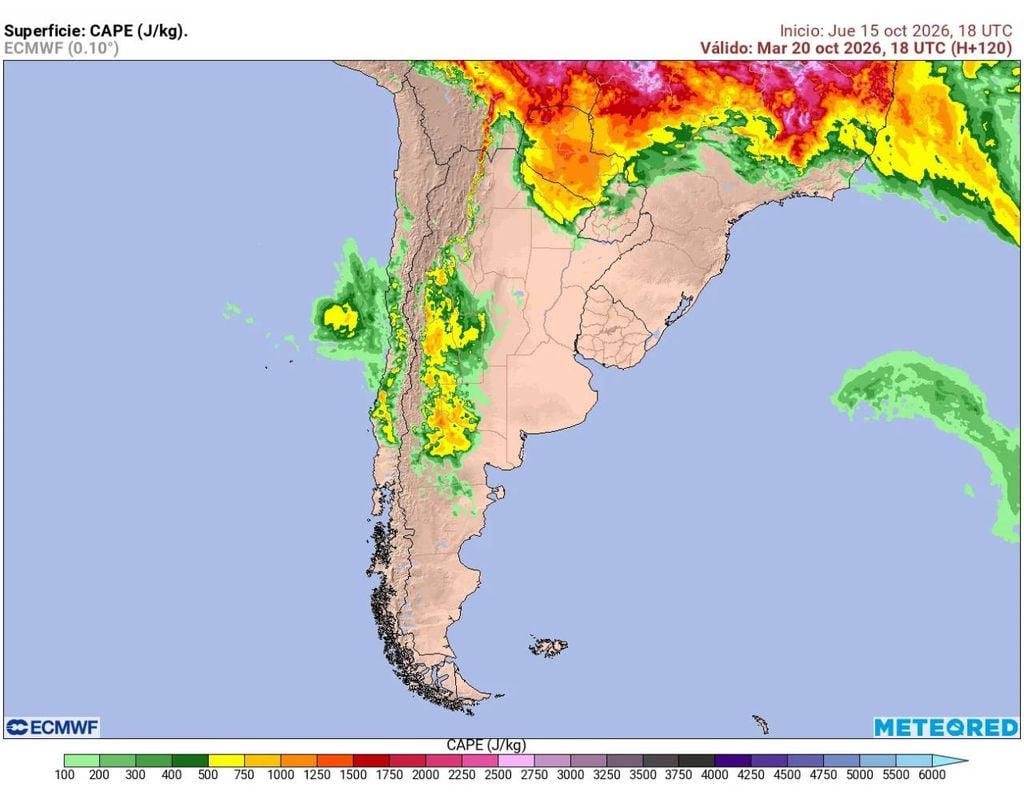 CAPE El modelo ECMWF muestra condiciones favorables para la ocurrencia de tiempo severo durante la próxima semana en Santiago y otras zonas del norte y centro del país.