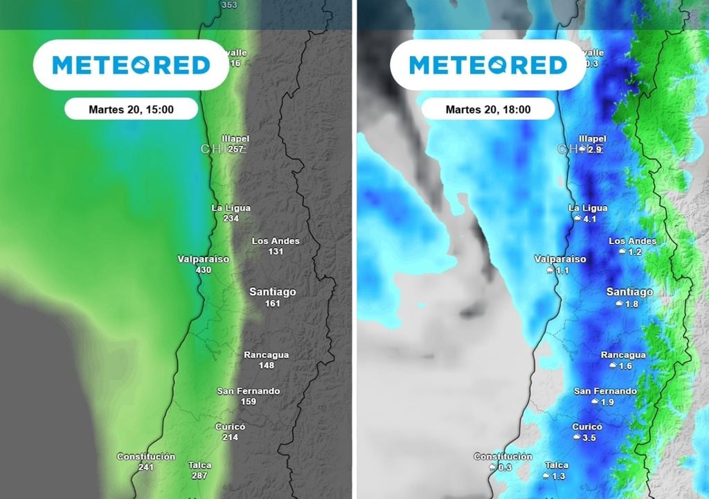 ECMWF La tarde del martes podría alcanzar el peak de la inestabilidad en Santiago, un río atmosférico potenciará las lluvias.
