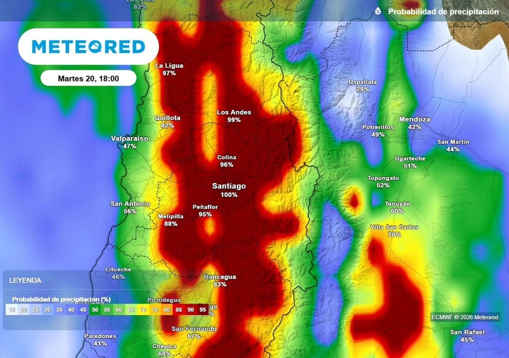 Probabilidad Como ocurrió hace unos días, la probabilidad de ocurrencia de precipitaciones en Santiago alcanza cerca del 100 % la próxima semana.