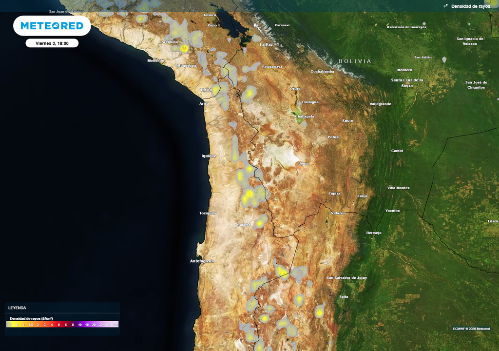 Alta de Bolivia activa tormentas eléctricas en el norte de Chile: el modelo ECMWF muestra focos de descargas en sectores cordilleranos entre Arica y Atacama durante los próximos días.