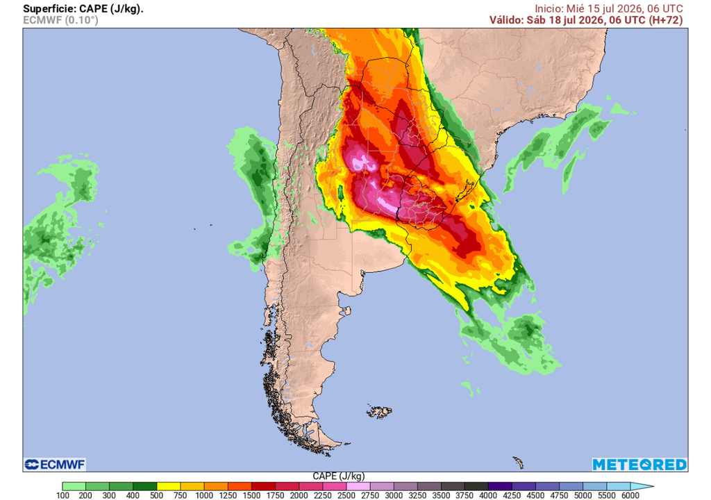CAPE La energía disponible en la atmósfera para generar tormentas eléctricas sobre Chile estará presente durante el avance de los intensos sistemas frontales en los próximos días.
