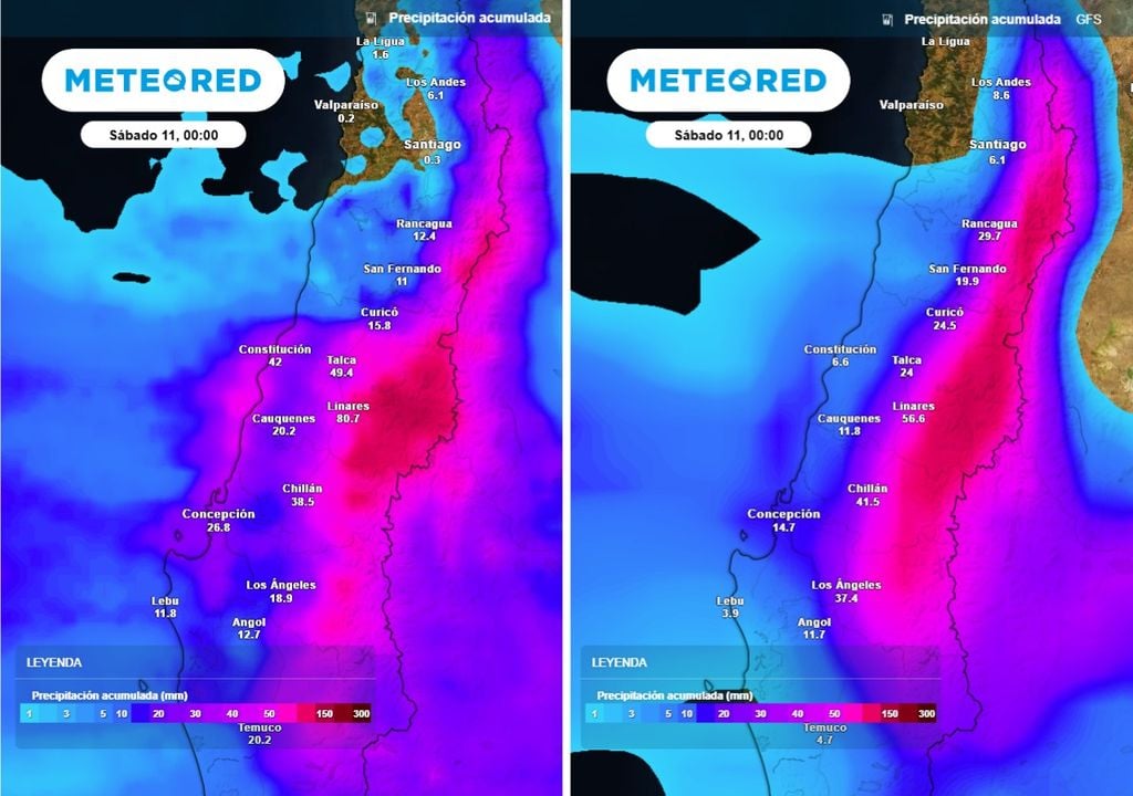Diferencias entre los montos acumulados en la zona central: modelo ECMWF representa una mejor interacción con la topografía que GFS.