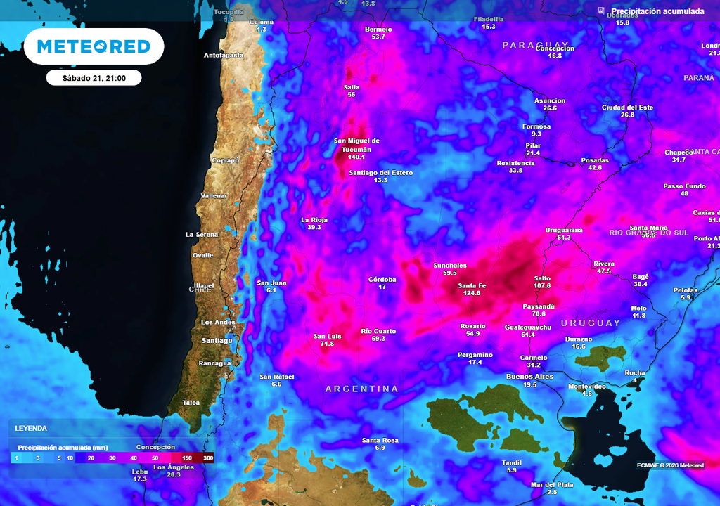 Tormenta, Ráfagas, Alerta, Buenos Aires, Patagonia, Córdoba, Santa Fe, Sequía, Pronóstico, Clima, Tiempo Acumulados de lluvia previstos hasta el próximo sábado según nuestro modelo de referencia ECMWF