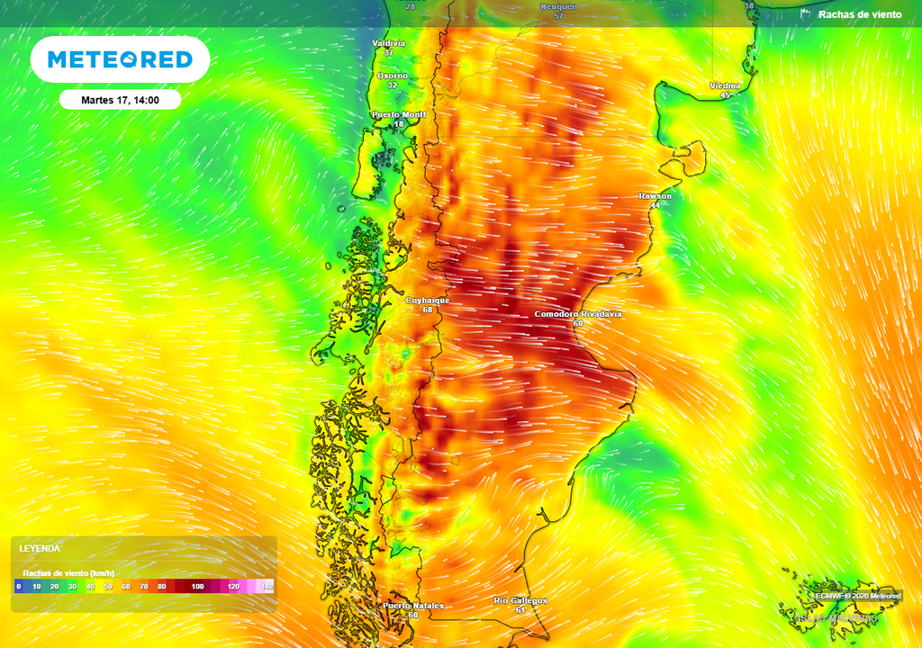 Tormenta, Ráfagas, Alerta, Buenos Aires, Patagonia, Córdoba, Santa Fe, Sequía, Pronóstico, Clima, Tiempo Ráfagas de viento pronosticadas por el ECMWF para la tarde de este martes 17 de febrero.