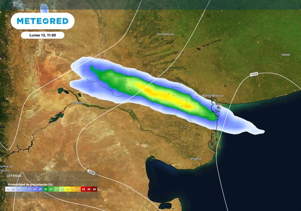 En esta carta se observa la probabilidad de precipitaciones en la primera parte del lunes 13 coincidiendo con el río Colorado y el sur de La Pampa extendiéndose hacia Buenos Aires.
