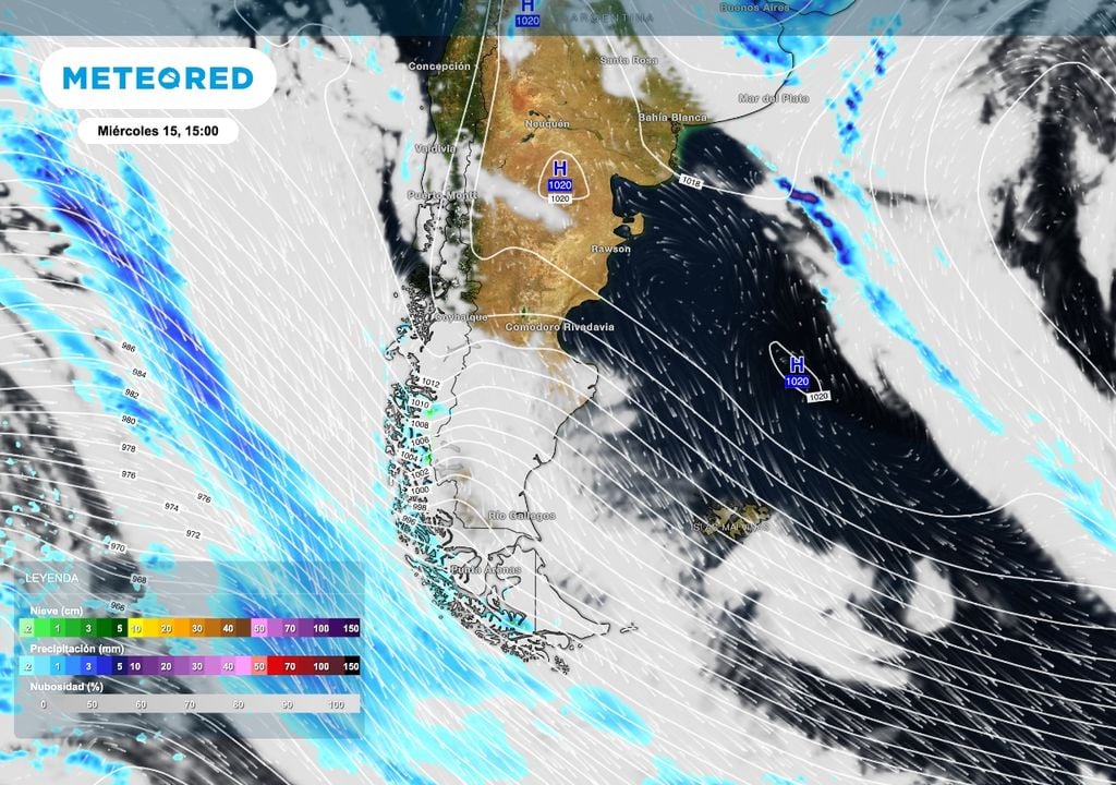 Para el miércoles 15 de abril se espera el dominio de altas presiones en el centro y norte de la Patagonia con escasa nubosidad. El sur se mantendrá con viento intenso pero casi sin lluvias.