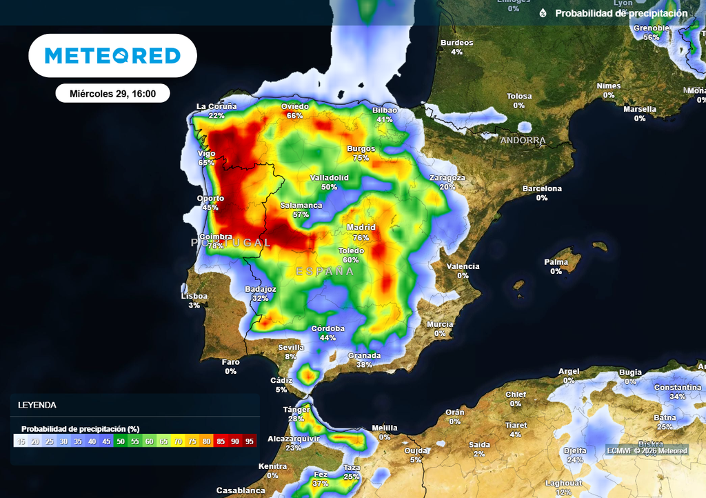 Mañana será el día más tormentoso de la semana. Las tormentas y los chubascos de lluvia, con algunas granizadas, se extenderán por todo el oeste y el centro de la Península, donde bajarán las temperaturas.