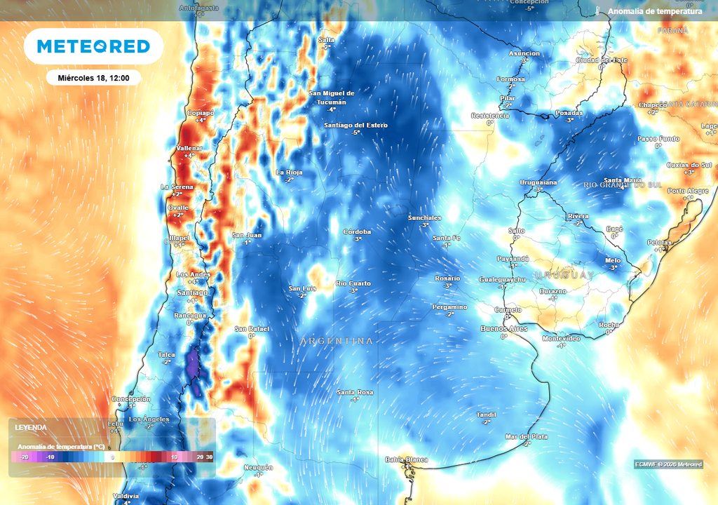 Anomalía de temperatura prevista para el próximo miércoles según el modelo ECMWF