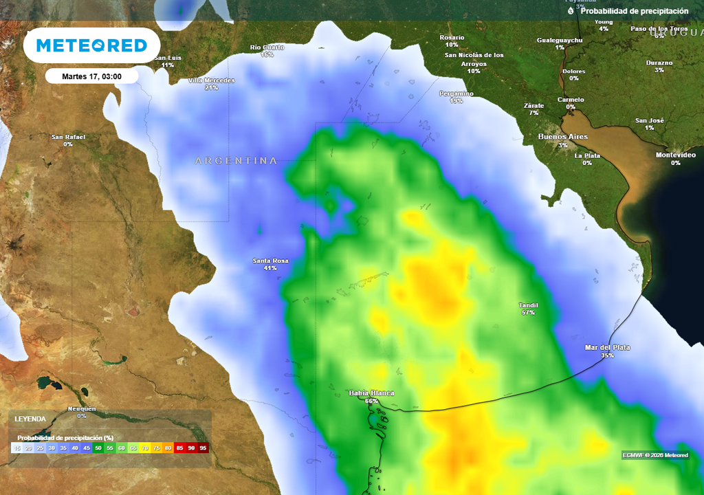 Probabilidad de precipitaciones durante el próximo martes según mapas propios basados en nuestro modelo de confianza ECMWF