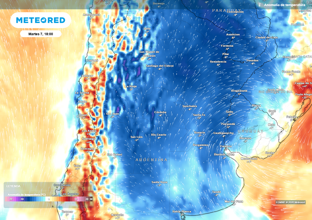 Lluvia, Tormenta, Alerta, Buenos Aires, Córdoba, Litoral, Argentina, Pronóstico, Clima, Tiempo, Frío, Temperatura Anomalía de temperatura prevista para el próximo martes según el modelo ECMWF