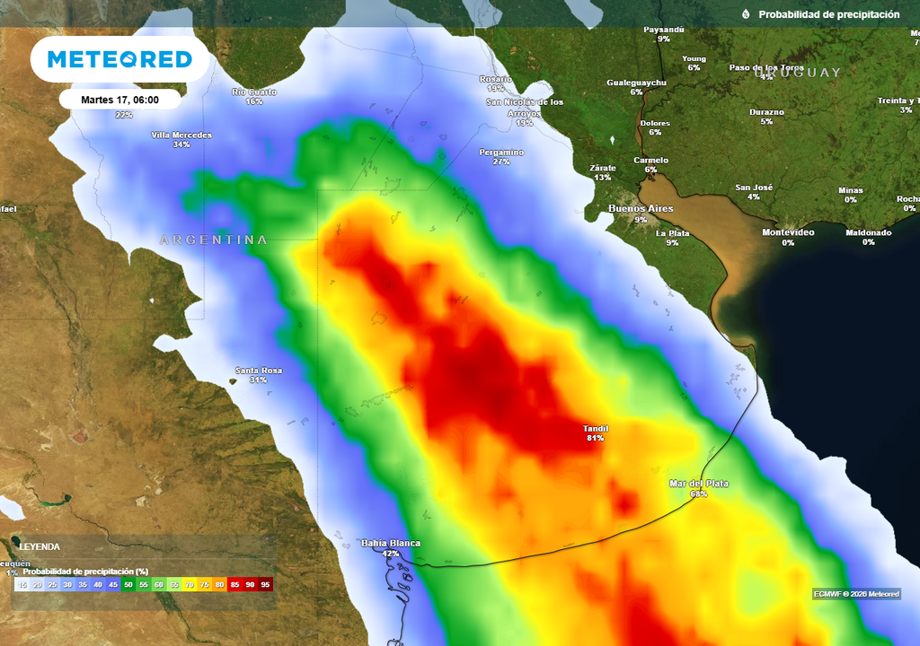 Probabilidad de precipitaciones durante el próximo mates según mapas propios basados en nuestro modelo de confianza ECMWF