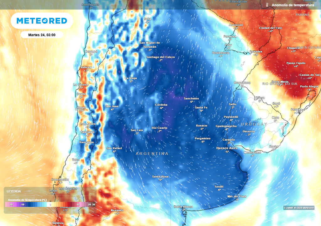 Anomalía de temperatura prevista para el próximo martes según el modelo ECMWF
