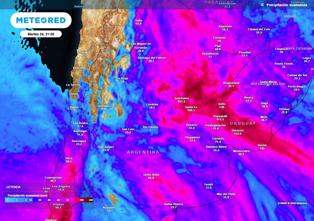 Acumulados de lluvia previstos hasta el próximo martes según nuestro modelo de referencia ECMWF