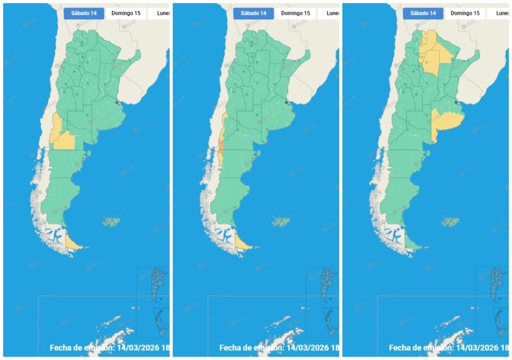 Alertas en vigencia para la noche del sádado 14 de marzo. Mapas de viento, lluvia y tormentas de izquierda a derecha.