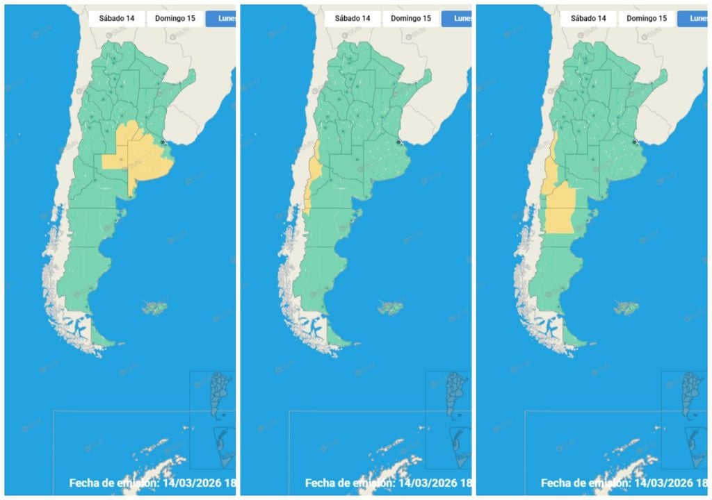 Alertas del SMN para el lunes. Mapas de alertas por tormentas, lluvias y viento de izquierda a derecha.