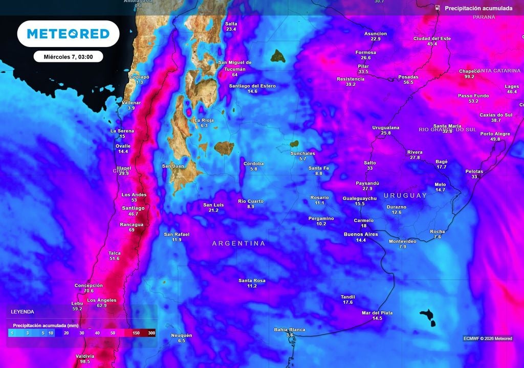 Pronóstico, Clima, Tiempo, Argentina Acumulados de lluvia previstos hasta el próximo miércoles según nuestro modelo de referencia ECMWF