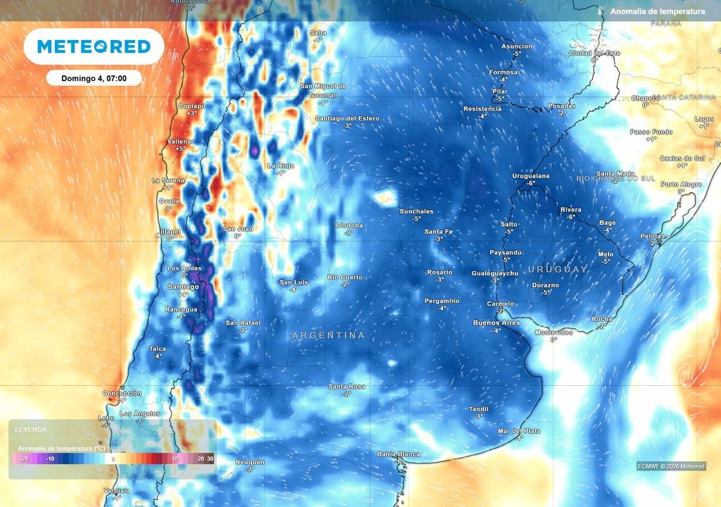 Pronóstico, Clima, Tiempo, Argentina Anomalía de temperatura prevista para el próximo domingo según el modelo ECMWF