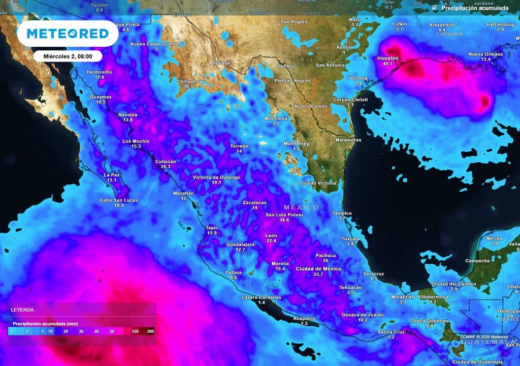 Pronóstico de precipitaciones en milímetros Eventos moderados a muy fuertes de 20-50 mm con locales de 70-100 mm en la Sierra Madre Occidental, centro y sur de México con granizo.
