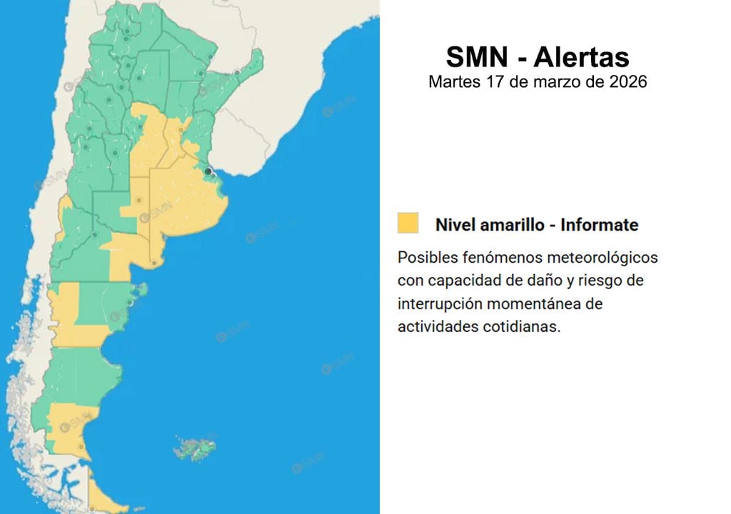 alerta martes Las alertas vigentes para el martes 17 son amarillas por vientos intensos en el oeste y sur de la Patagonia, y por tormentas fuertes en el nordeste de la Patagonia y el centro de Argentina