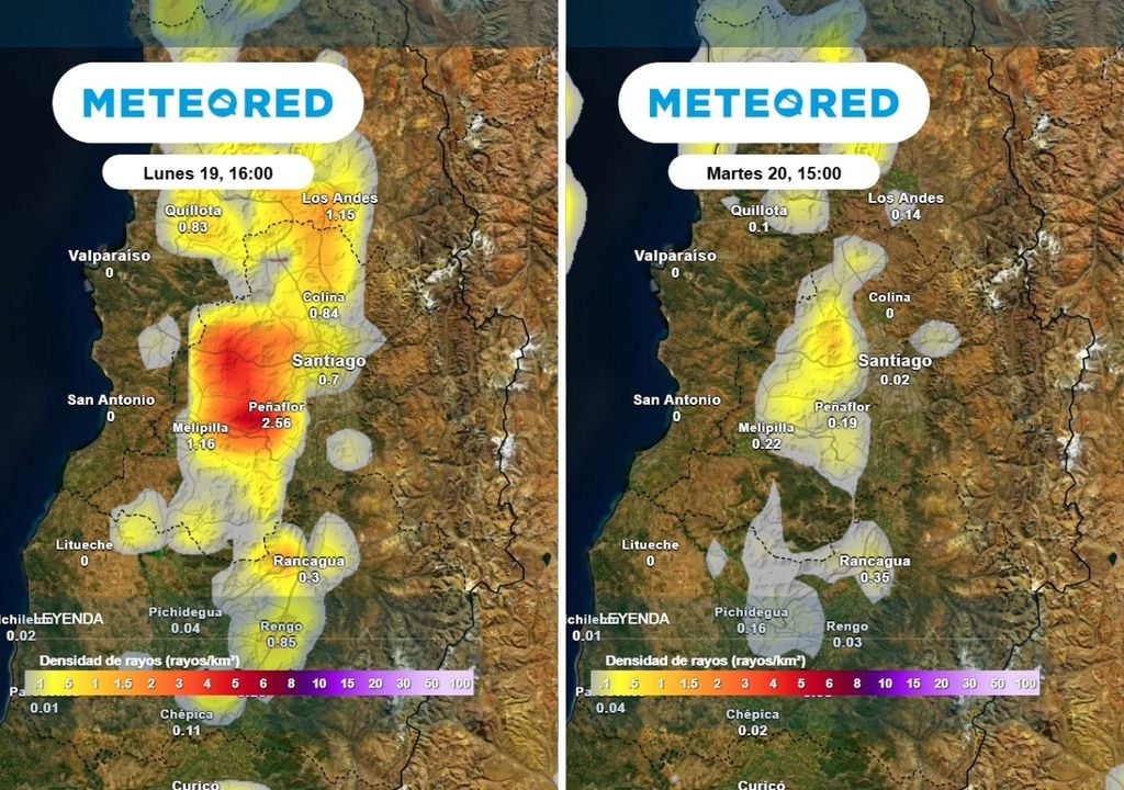 Densidad de los rayos Alta probabilidad de tormentas eléctricas en la Región Metropolitana (RM): serán intensas en algunas zonas.