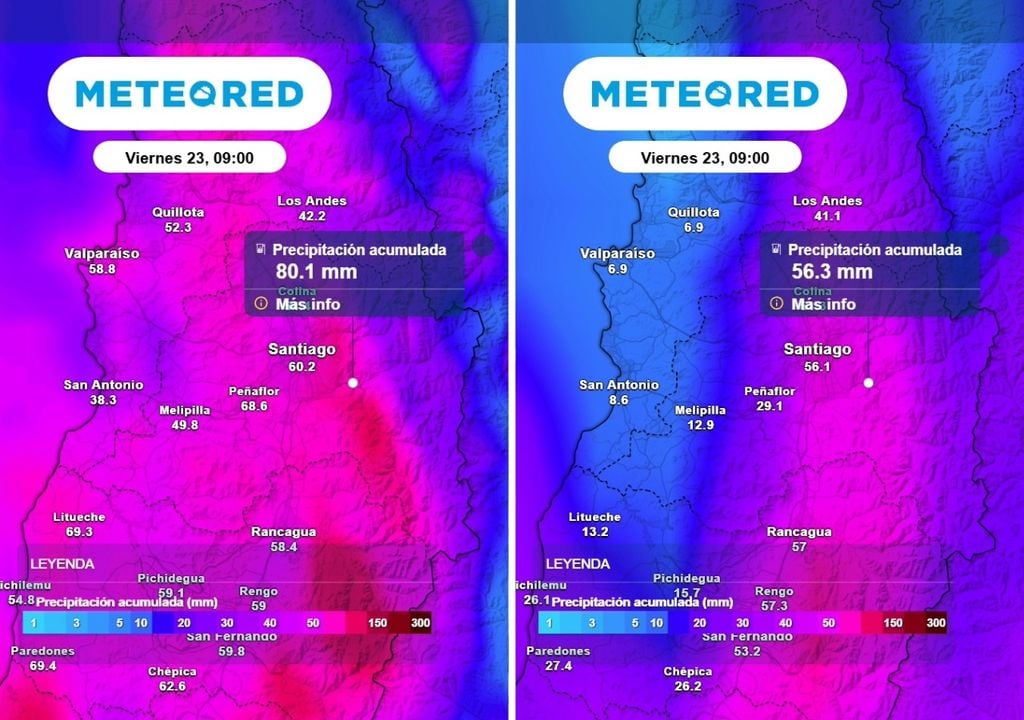 Precipitación acumulada Los acumulados que prevén tanto el ECMWF como el modelo GFS en los próximos días son impactantes para esta época del año en Santiago.