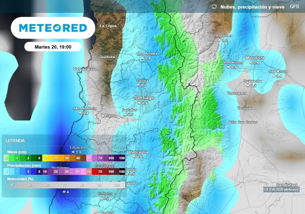 Modelo GFS Modelo GFS norteamericano muestra importantes lluvias durante la tarde noche de este martes en Santiago.