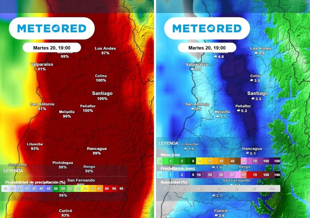 Lluvias Confirmadas las lluvias en Santiago: modelo europeo prevé intensas precipitaciones y un 100 % de probabilidad de ocurrencia.