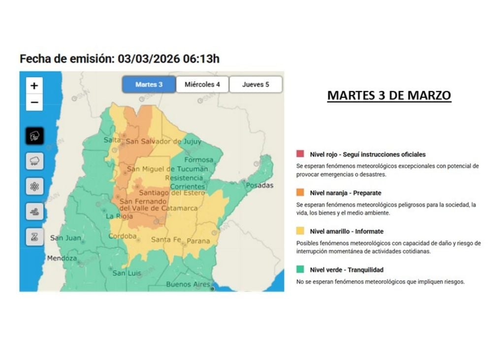 Alertas SMN Alertas oficiales por tormentas fuertes este martes 3. Fuente: SMN Argentina.