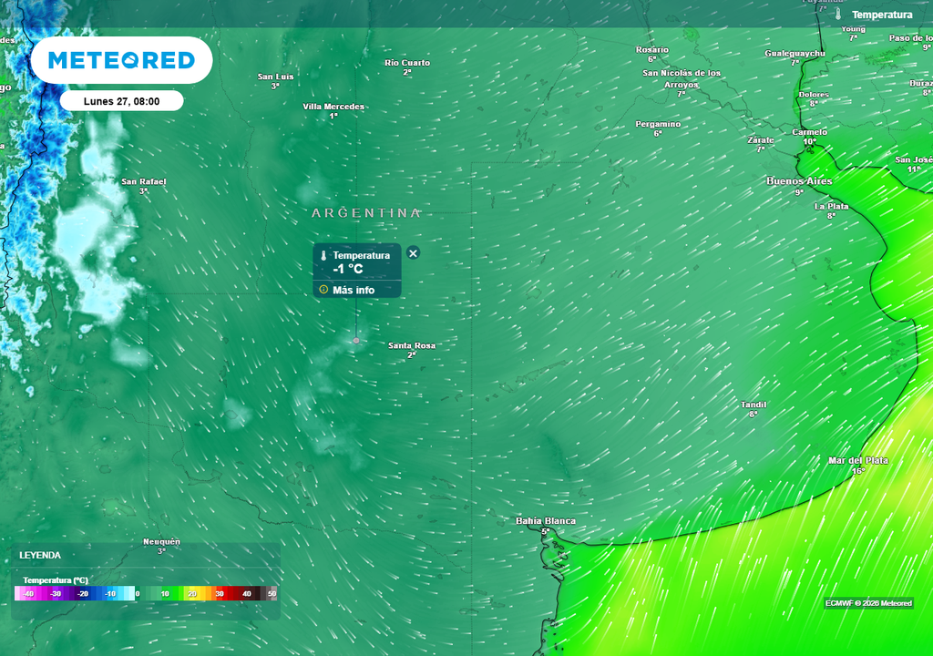 Temperaturas previstas para la mañana del lunes según nuestro modelo de confianza el ECMWF