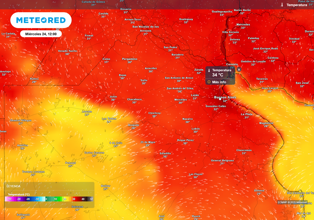 Temperaturas para el día miércoles 24 de diciembre a las 12 h, según el modelo ECMWF Temperaturas para el día miércoles 24 de diciembre a las 12 h, según el modelo ECMWF