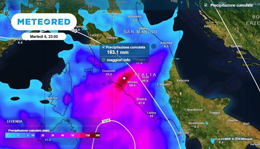 maltempo Le precipitazioni nell'alto Lazio e nella Toscana meridionale potrebbero essere molto abbondanti nella giornata di martedì 6 ottobre 2026.