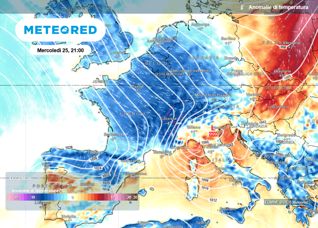 Mercoledì, prima dell'irruzione delle masse d'aria fredda, sull'Italia del nord avremo un aumento considerevole delle temperature.