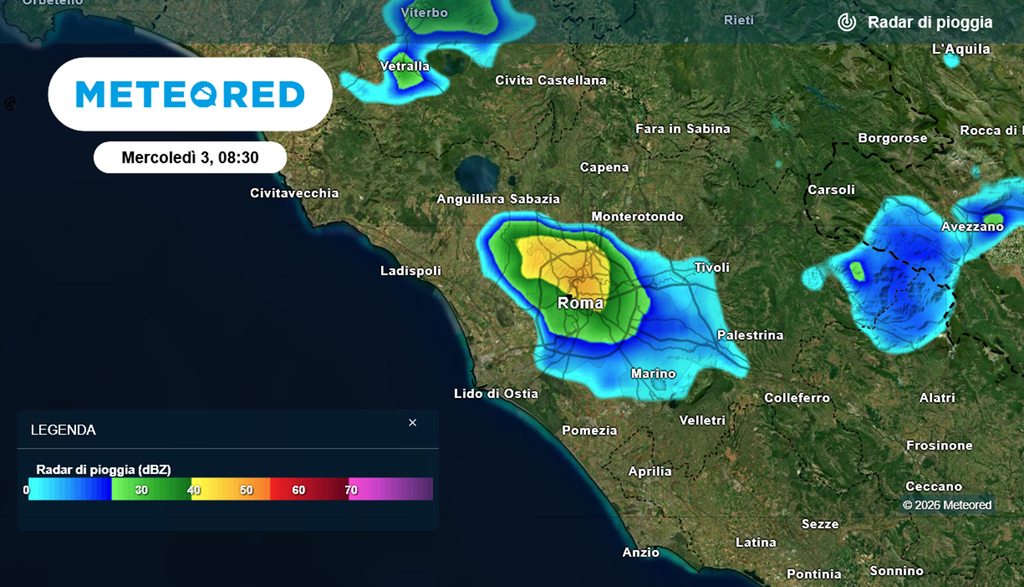 radar pioggia 3 giugno 2026 roma Il radar di pioggia di Meteored Italia mostra la cella temporalesca che ha investito Roma nella prima mattina di mercoledì 3 giugno 2026. Sui quartieri nord-est si è generato un tornado.