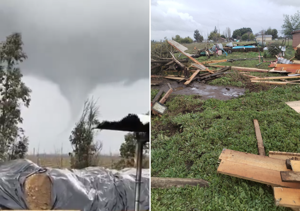 A la izquierda, el tornado captado por vecinos mientras avanzaba por el sector de Chillán Viejo. A la derecha, algunos de los daños que dejó su paso en viviendas, árboles y estructuras, tras ser clasificado preliminarmente por la DMC como un evento EF-0.