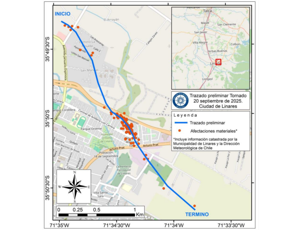 Trayectoria preliminar del tornado en Linares (20 de septiembre de 2025) según catastro conjunto entre la Dirección Meteorológica de Chile y la Municipalidad de Linares.