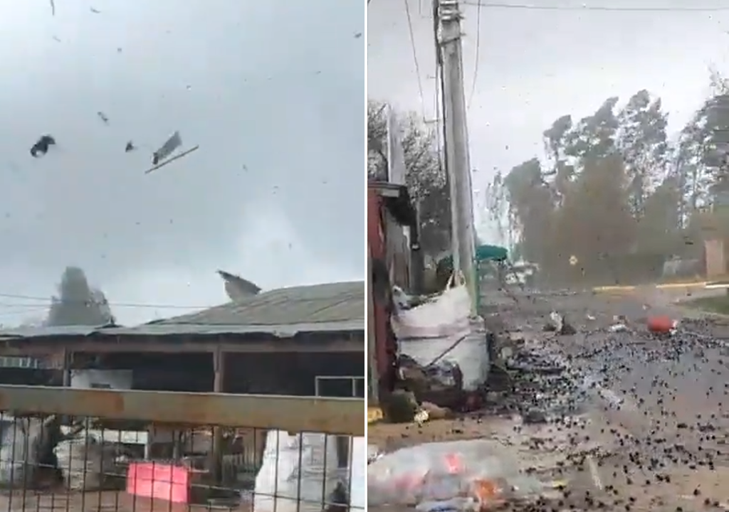 Imágenes captadas en Linares durante el paso del tornado del 20 de septiembre de 2025. Se observa la rotación del viento, el desprendimiento de techumbres y escombros en suspensión, característicos de un evento clasificado como tornado EF0.