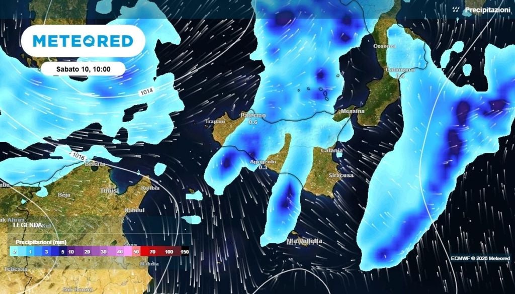 Maltempo, Sicilia. La distribuzione delle piogge nelle prossime ore vede fenomeni a prevalente carattere temporalesco, di tipo lineare.
