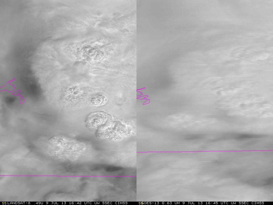 Imágenes en el canal visible del Landsat-8, izquierda,  y GOES-13, derecha,  viendo convección sobre Wisconsin.