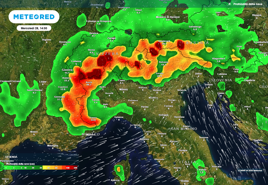 Neve su tutto l'arco alpino e sulle pianure del Nord Italia Tanta neve sulle Alpi, ma anche a bassa quota
