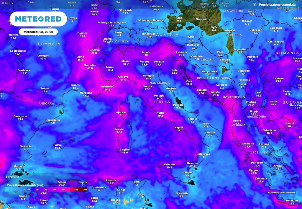 Pioggia diffusa con la perturbazione di martedì 27 gennaio Pioggia su tutto il territorio nazionale, soprattutto sul versante tirrenico
