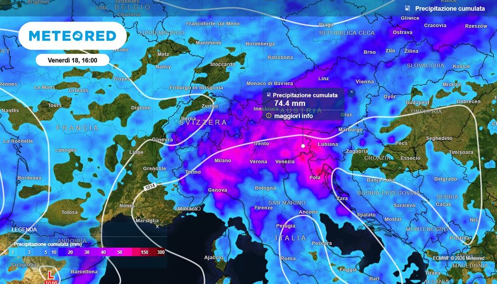 Le precipitazioni attese al suolo, in millimetri, tra mercoledì e venerdì al Nord Italia e sul Centro.
