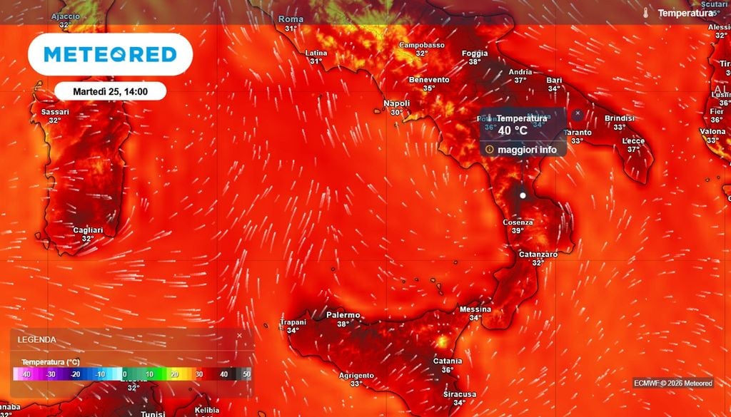 Le temperature massime previste al Sud nel primo pomeriggio di martedì 25 agosto.