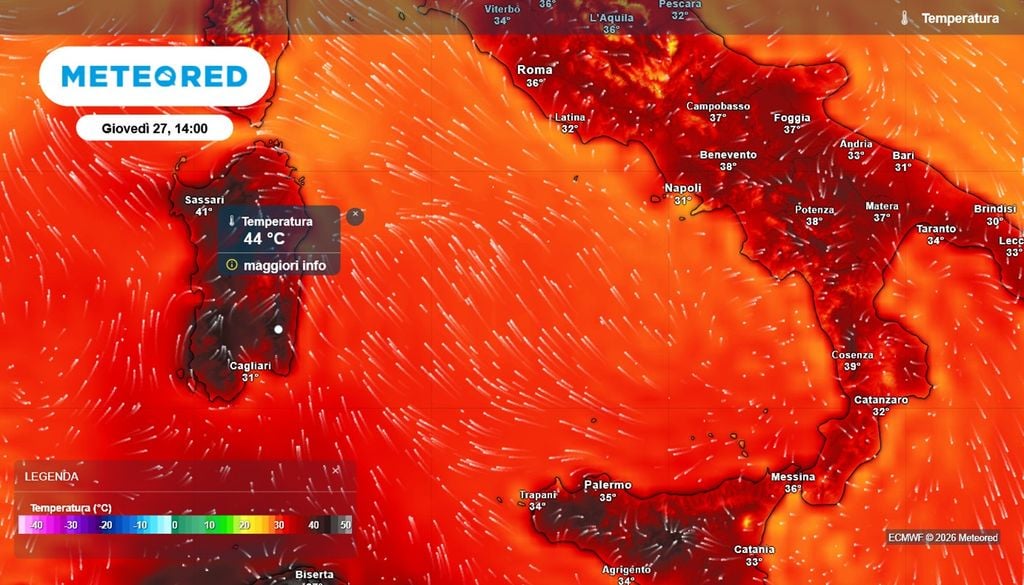 Temperature massime previste giovedì 27 agosto al Centro-Sud. Attenzione in Sardegna, possibili massime di oltre 40°C nelle parti interne.