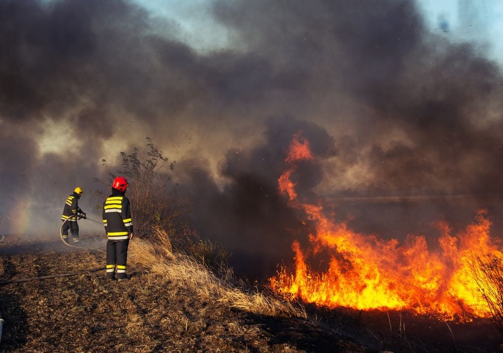 Incendio forestal siendo combatido por bomberos