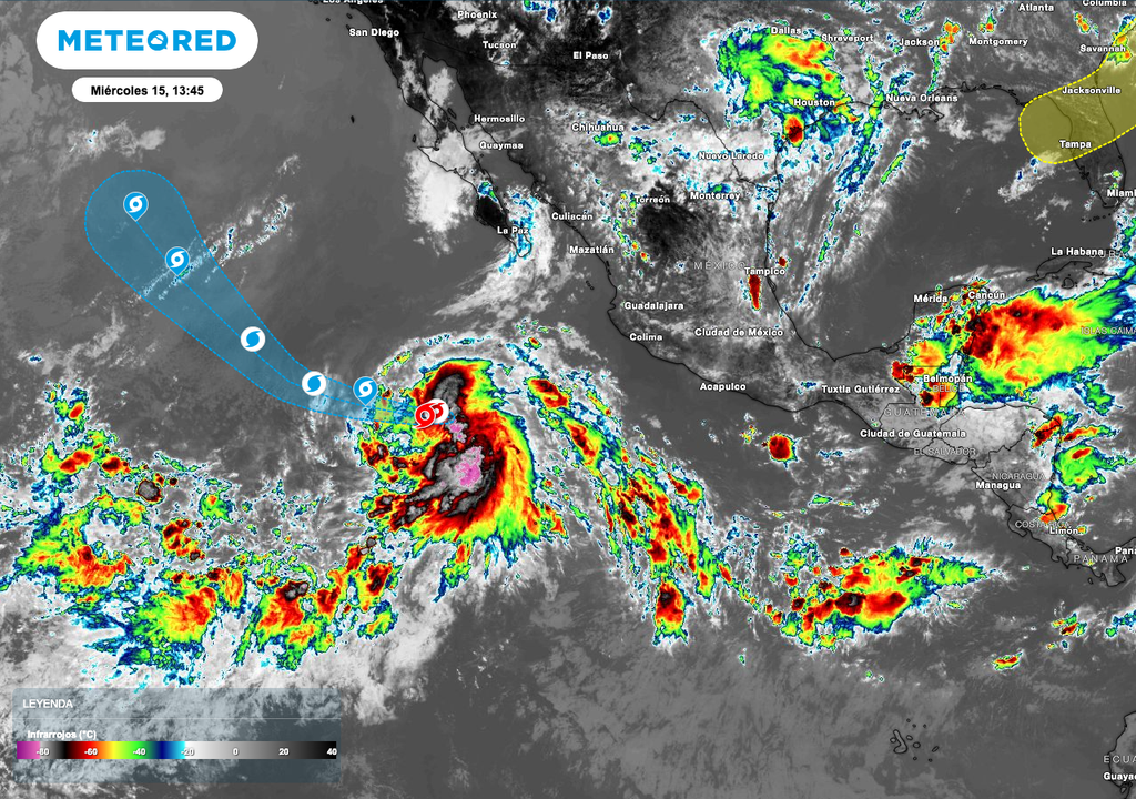 La imagen satelital canal IR, muestra la nubosidad convectiva asociada a la tormenta tropical Elida. La imagen satelital canal IR, muestra la nubosidad convectiva asociada a la tormenta tropical Elida.