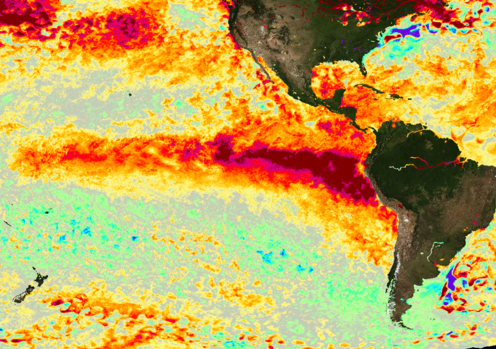 Na imagem, anomalia de temperatura da superfície do mar em um dia de outubro durante o último episódio de El Niño em 2023. Créditos: NASA Worldview.