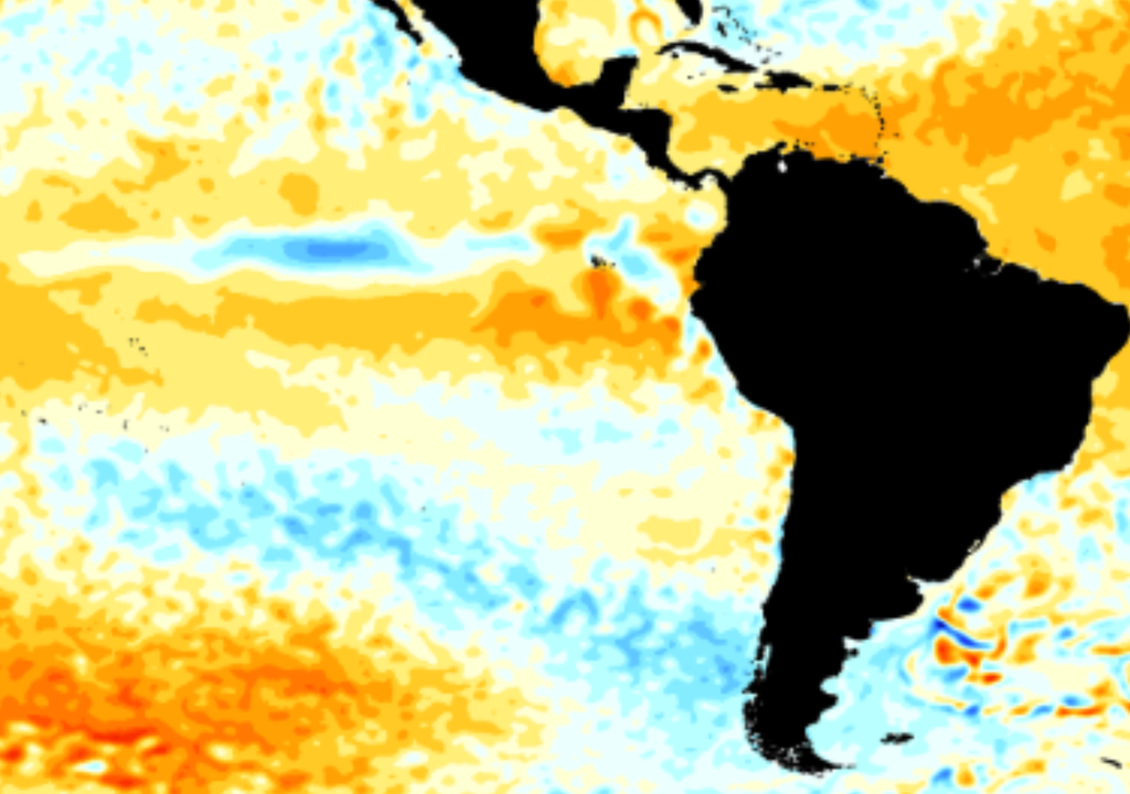 L'anomalie de température de surface de la mer (°C) du 28 avril au 4 mai 2024 continue de montrer une diminution des températures plus chaudes que la normale dans le Pacifique en général.