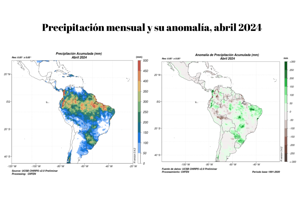 Mapas de precipitación y anomalía abril 2024.