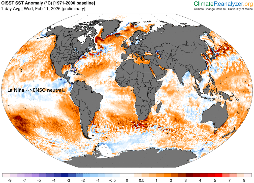 Anomalías de la temperatura superficial del agua del mar, destacando las aguas en el Pacífico ecuatorial con anomalías frías/cálidas en tonalidades azules/rojas. Climate Reanalyzer.