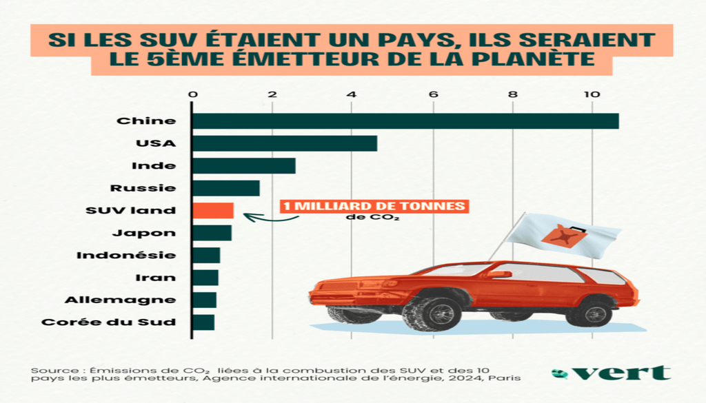 Emission de CO2 liées à la combustion des SUV et des 10 pays les plus émetteurs. AIE, 2024. (c) Vert Emission de CO2 liées à la combustion des SUV et des 10 pays les plus émetteurs. AIE, 2024. (c) Vert